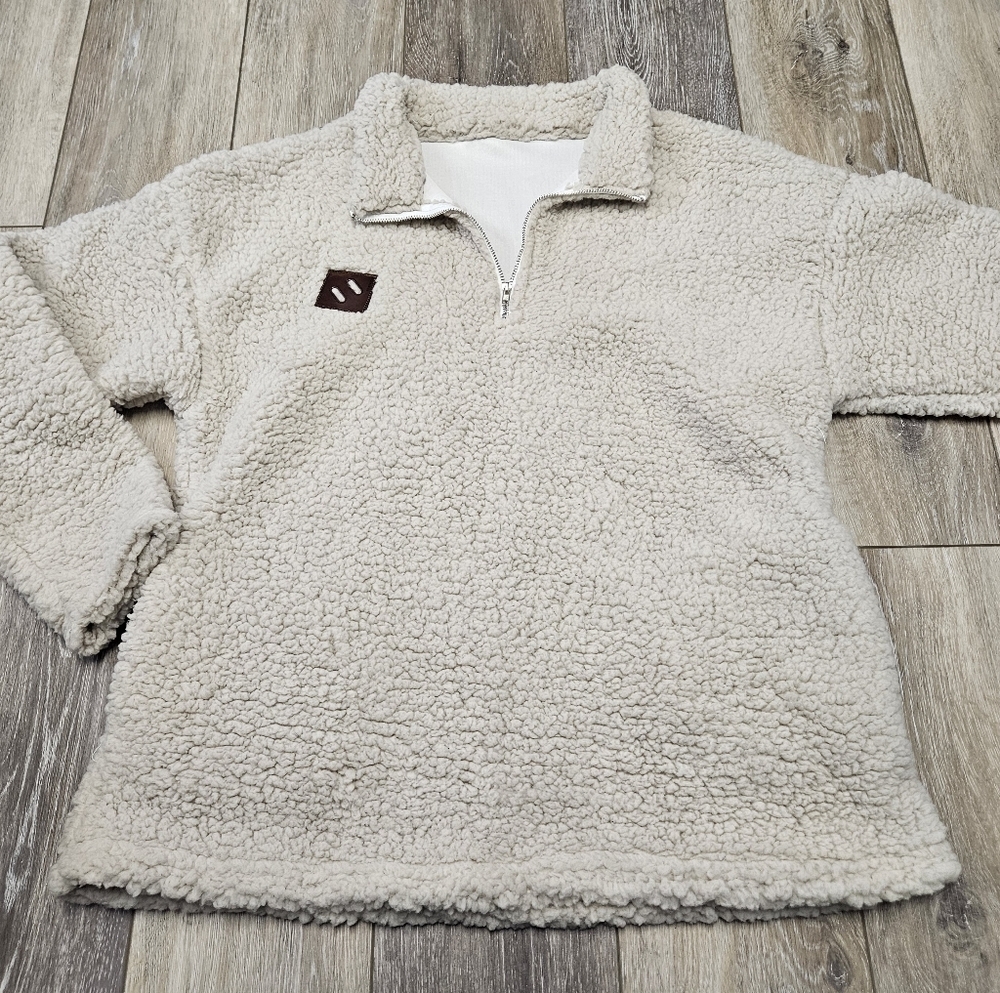 Boutique Quarter Zip Sherpa Pull Over Sweater Beige Cream Women's Medium Cozy